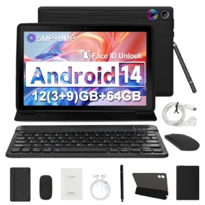 10″ Android 14 Tablet (2025) – 12GB RAM + 64GB Storage, Octa-Core Power, Face Unlock, Keyboard & Mouse PC Set