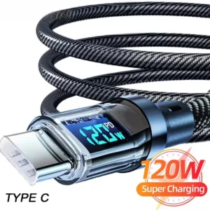 120W USB-C to USB-C Super Fast Charging Cable – LED Display Power Cord with 6A High-Speed Data Sync